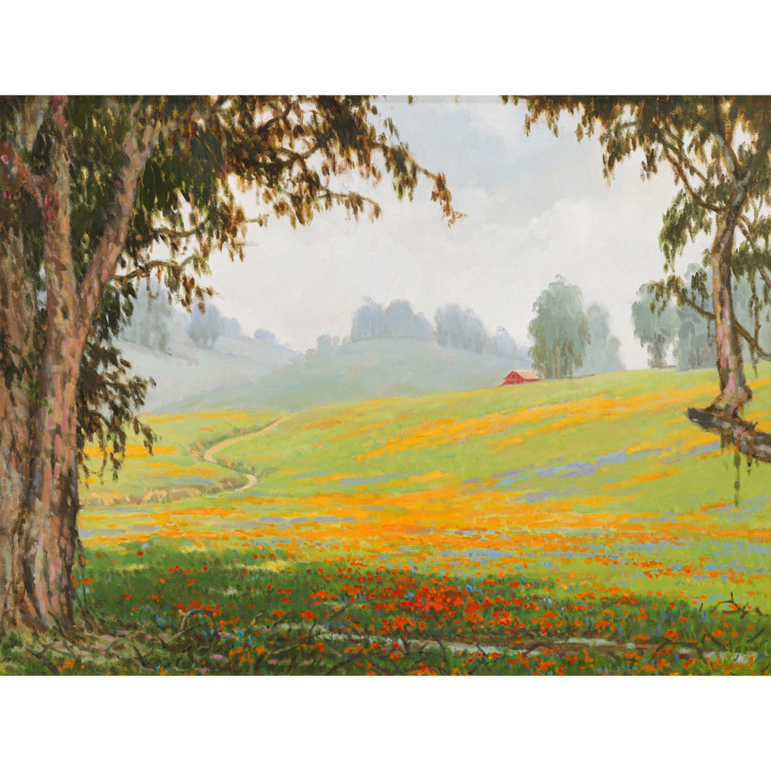Painting, Patrick Woodman: Patrick Woodman (American, b. 1948), "Lupine and Poppies," oil on canvas, signed lower right, canvas: 18"h x 24"w, overall (with frame): 25"h x 31"w