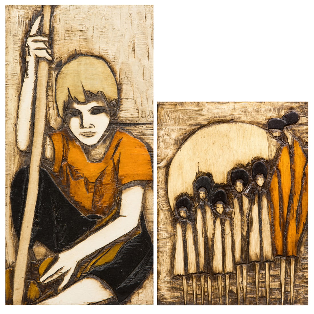 Mixed Medias, Jean-Claude Gaugy: (lot of 2) Jean-Claude Gaugy (French, b. 1944), Untitleds, painted and carved reliefs on wood, board (for larger): 48"h x 24"w, overall (with frame, for larger): 49"h x 25"w