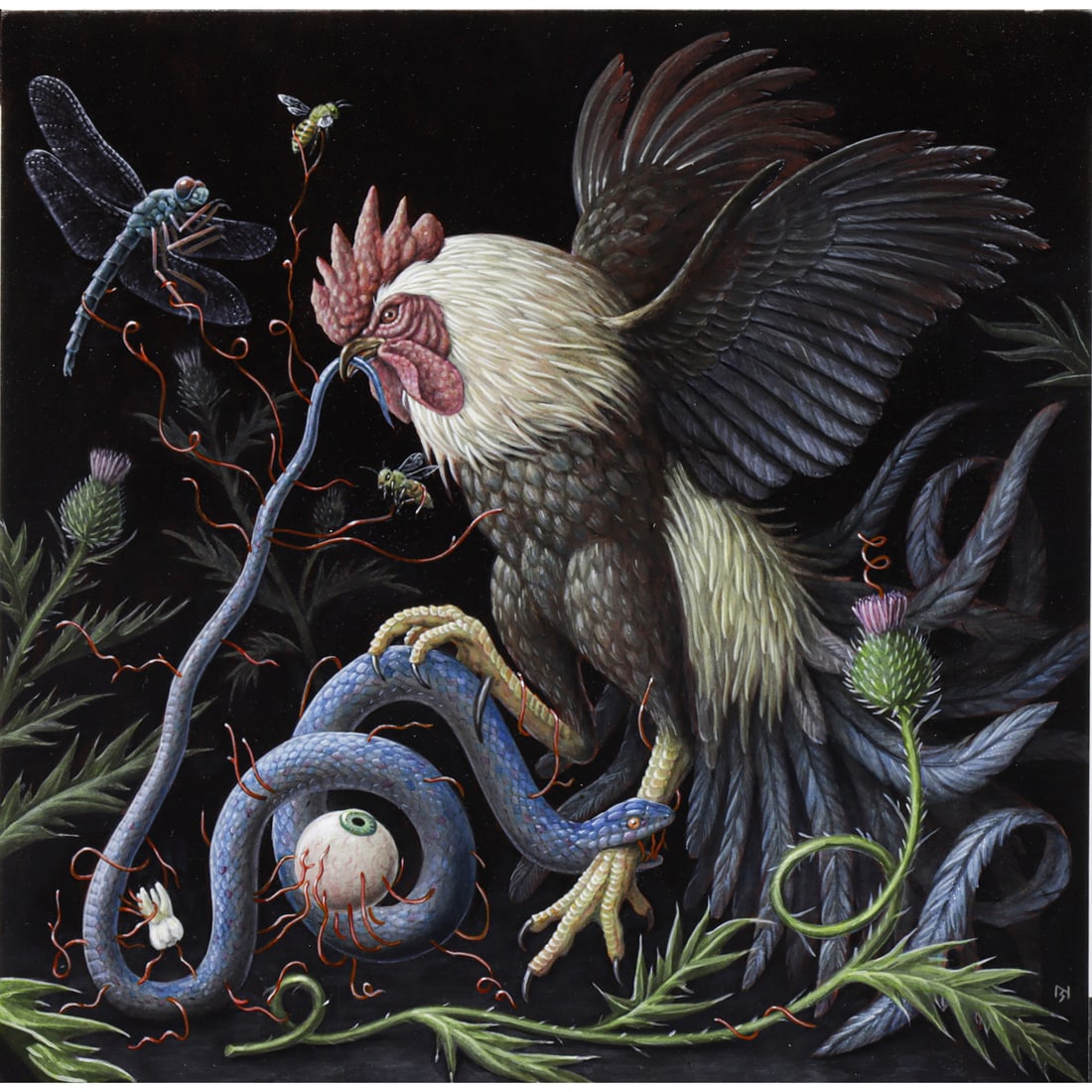 Painting, Nick Sheehy: Nick Sheehy (Australian/British, 21st century), "The Rooster," 2019, acrylic and paper on panel, signed, titled, and dated verso, panel (unframed): 12"h x 12"w