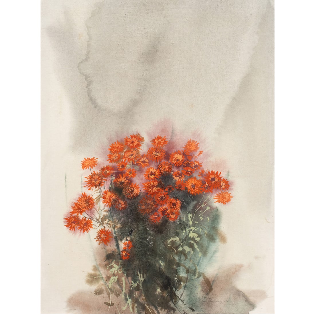 Painting, George Varlamos: George Varlamos (Greek, 1922-2013), "Flowers No. 23," 1970, watercolor on canvas, signed and dated lower right, signed and titled verso, gallery label (Zantman, Carmel, CA) affixed verso, canvas: 40"h