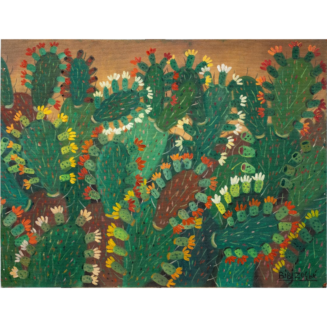 Painting, Bibi Zogbe: Bibi Zogbe (Lebanese, 1890-1975), "Cactus," 1959, oil on masonite, signed, dated, and titled verso, board (unframed): 23.75"w x 31"w