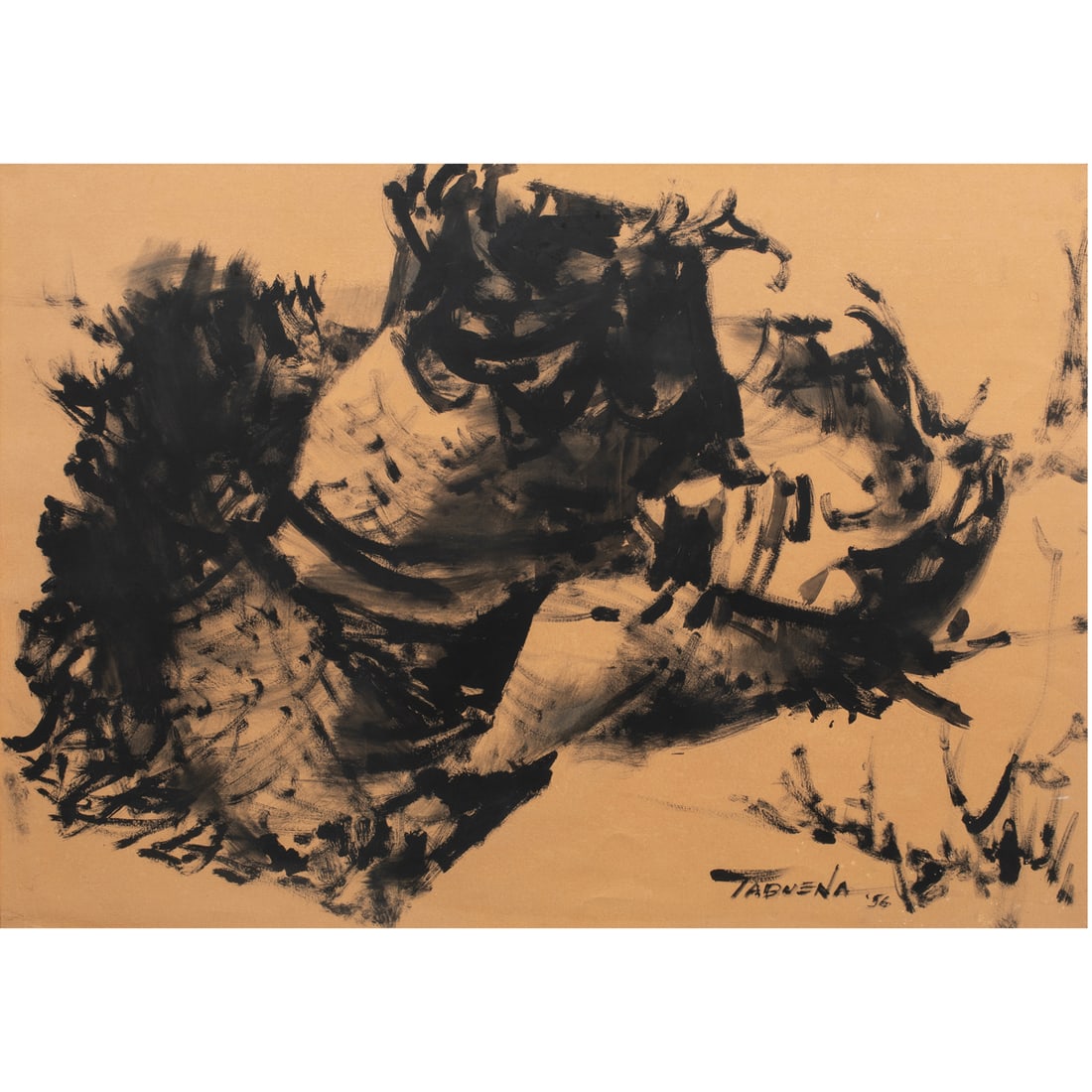 Work on paper, Romeo Villalva Tabuena: Romeo Villalva Tabuena (Filipino, 1921-2015), "Straw Hat," 1956, ink brush on paper, signed and dated lower right, sight: 25.5"h x 36.5"w, overall (with frame): 30.5"h x 41"w