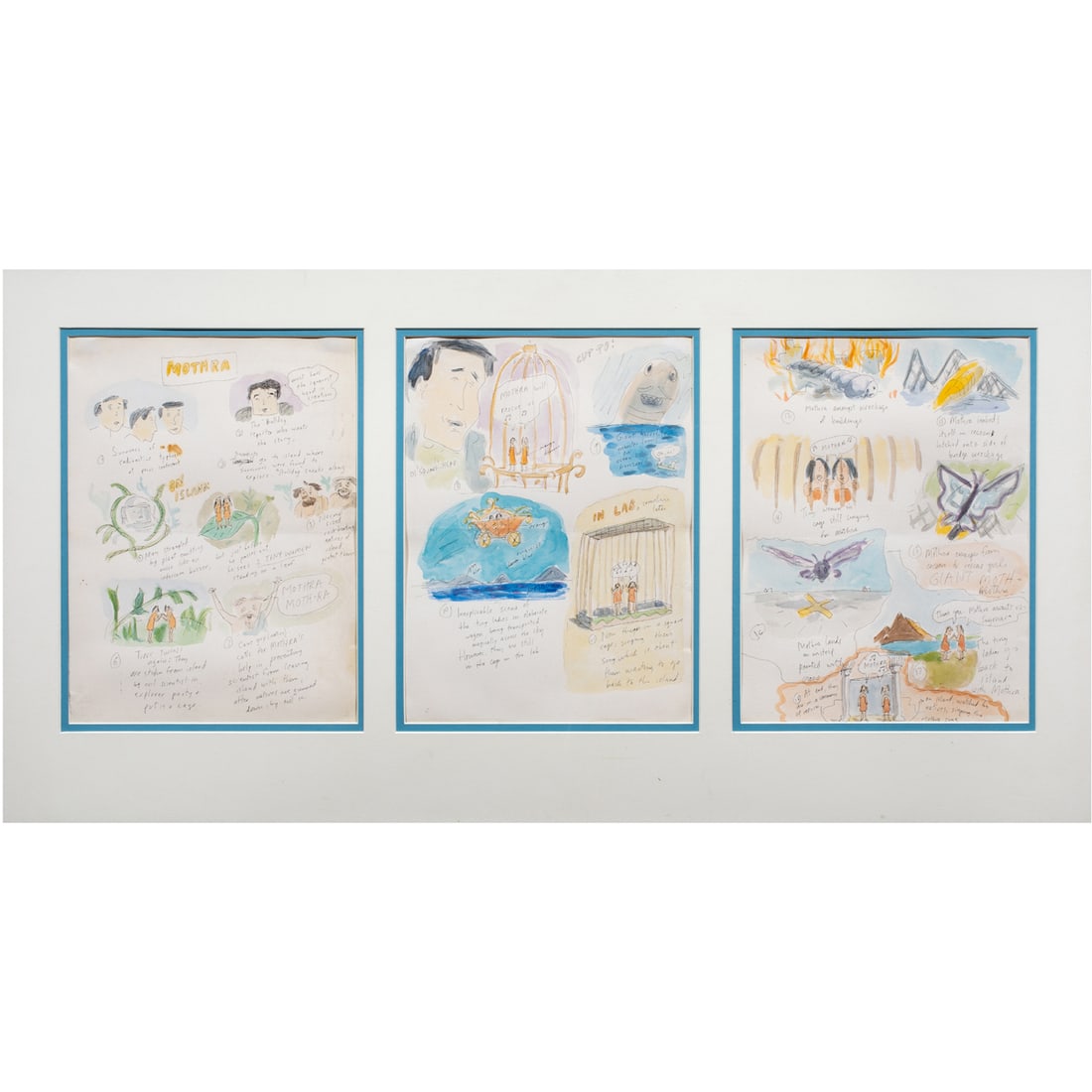 Works on paper, Roz Chast: Roz Chast (American, b. 1955), "Mothra," ink and watercolor on three sheets of paper, titled upper center of left sheet, sheet (each): 11.75"h x 8.75"w, overall (with frame): 18"h x 34.5"w