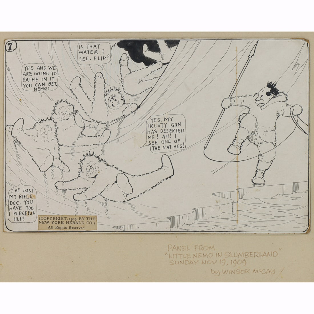 Comic Panel, Winsor McCay: Winsor McCay (American, 1869-1934), "Little Nemo in Slumberland" Panel, November 19th, 1909, ink on paper board, clipping from New York Herald affixed lower left dated 1909, sheet: 7"h x 10.75"w,