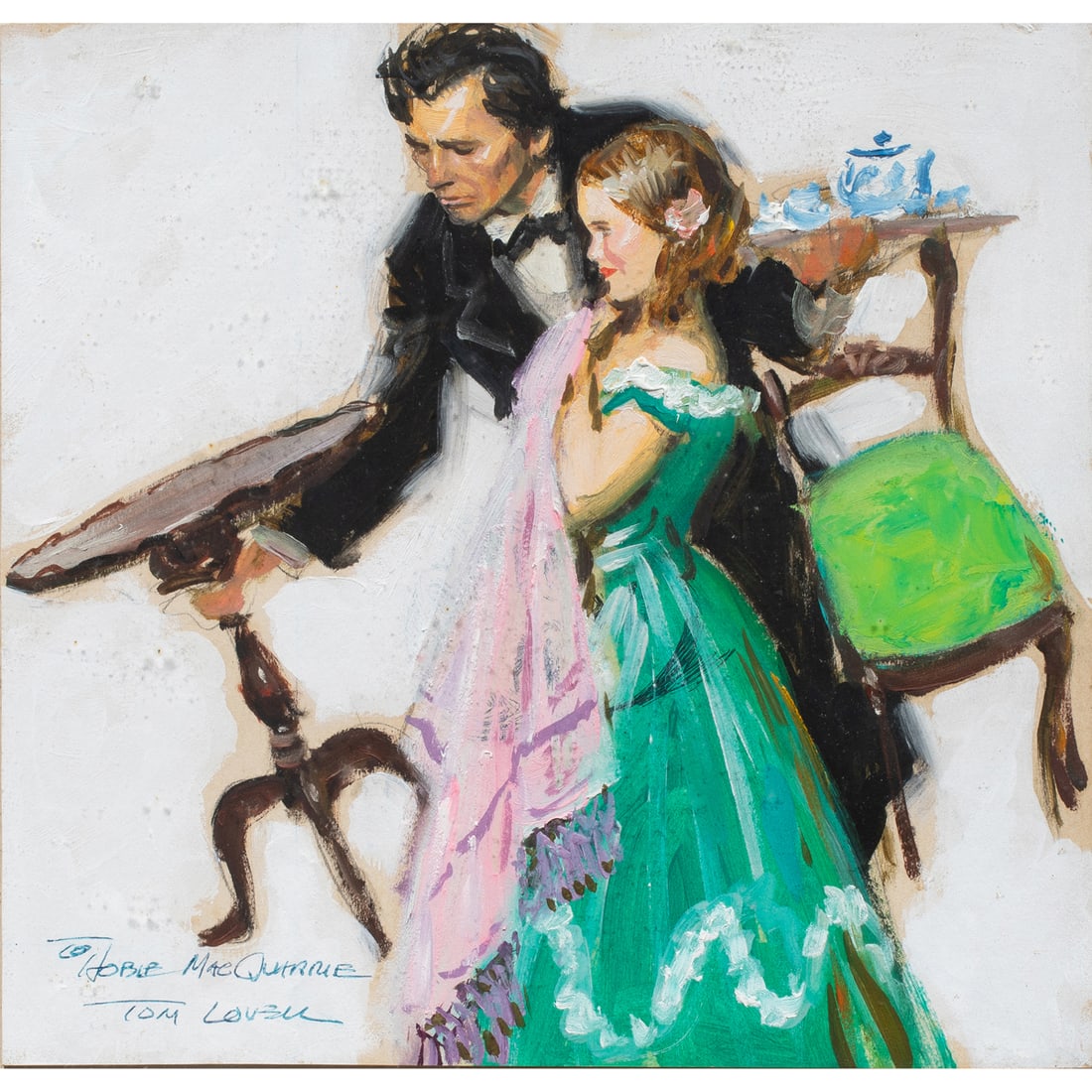 Painting, Tom Lovell: Tom Lovell (American, 1909-1997), Sketch For Illustration of a Story on Mary Todd Lincoln in Women's Home Companion, oil on board, signed and dedicated lower left, board: 10.5"h x 11"w, overall (with