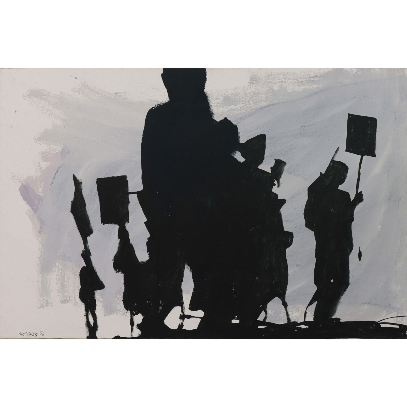 Painting, Arnold Mesches: Arnold Mesches (American, 1923-2016), Protest, 1966, oil on canvas, signed and dated lower left, canvas: 30"h x 45"w, overall (with frame): 31"h x 46"w