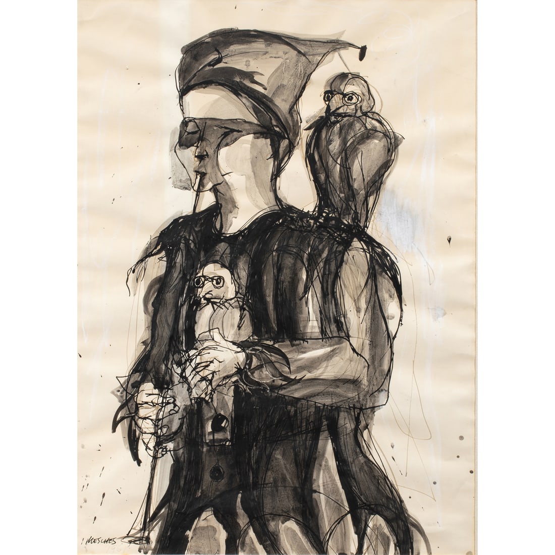 Watercolor, Arnold Mesches: Arnold Mesches (American, 1923-2016), Circus Performer with Birds, 1961, watercolor, signed and dated lower left, sight: 29"h x 21"w, overall (with frame): 37"h x 27.75"w