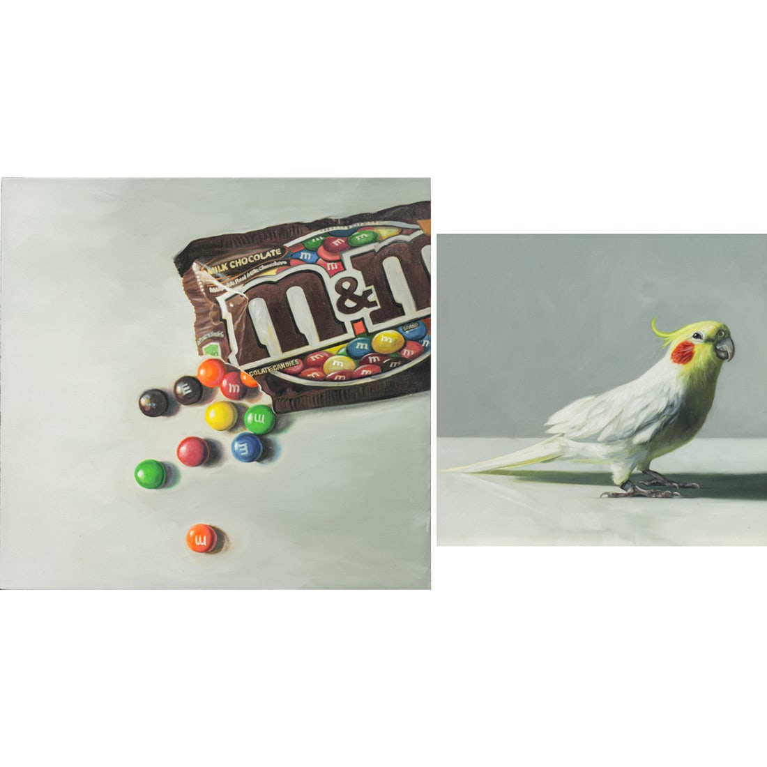 Paintings, Lauren Pretorius: (lot of 2) Lauren Pretorius (American, 21st century), Cockatiel and M&Ms, oils on board, M&Ms signed verso, each marked verso, board (M&Ms, unframed): 10"h x 10"w/board (Cockatiel): 8"h x 8"w,