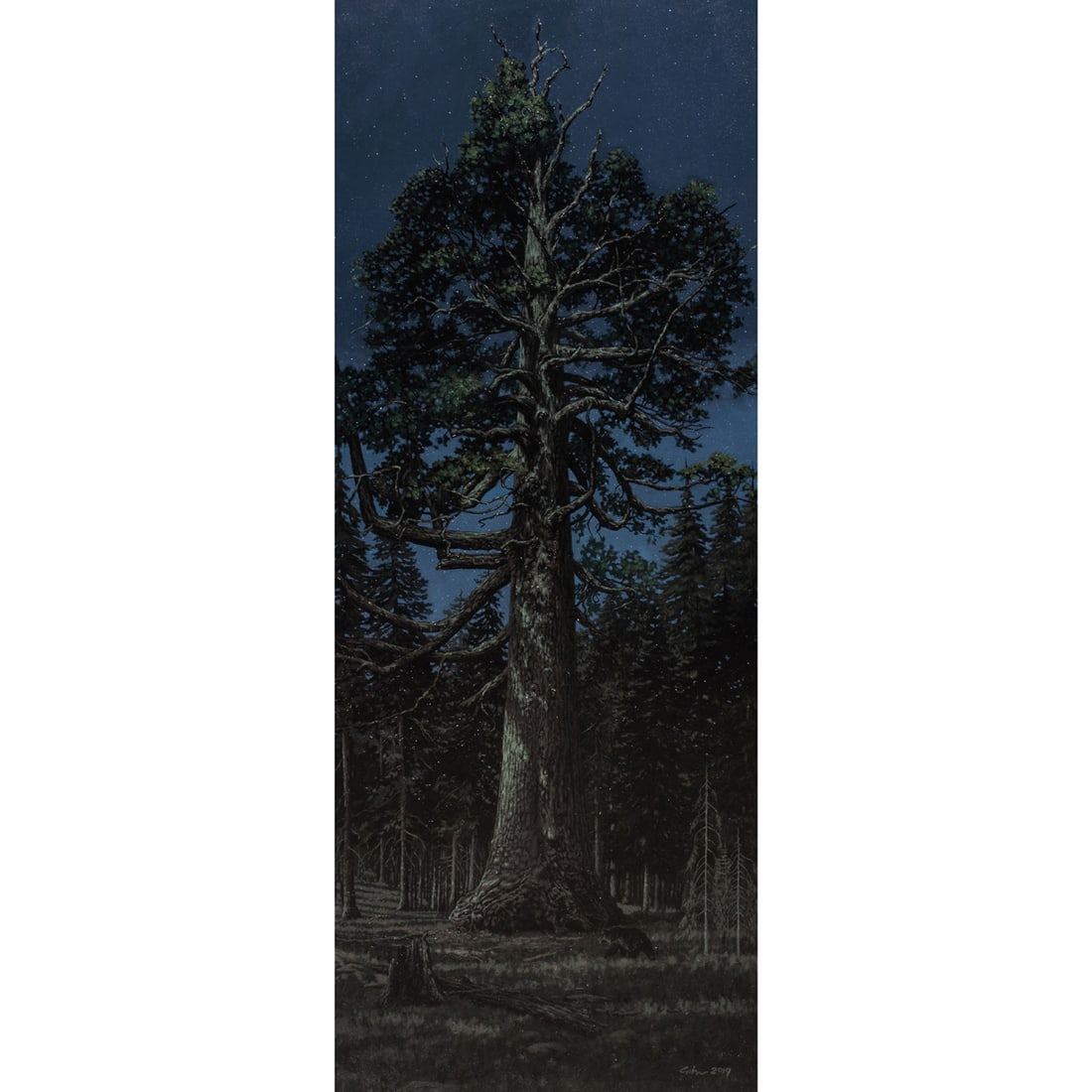 Painting, Bradley Giles: Bradley Giles (American, b. 1967), "Moonlight in the Land of Giants, Grizzly Sequoia, Yosemite," 2019, oil on canvas, signed and dated lower right, signed and titled verso, canvas: 60"h x 24"w,