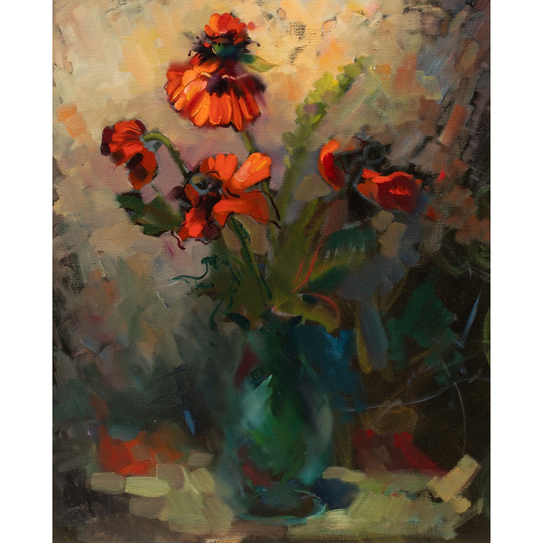 Painting, Alan McCorkle: Alan McCorkle (American, 1940-1995), "Dying Poppies," oil on canvas, signed and titled verso, canvas: 30"h x 24"w, overall (with frame): 35.75"h x 29.75"w. Note: McCorkle was a prolific painter of
