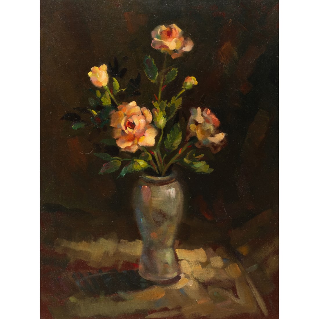 Painting, Alan McCorkle: Alan McCorkle (American, 1940-1995), "Roses," oil on canvas, signed and titled verso, canvas: 24"h x 18"w, overall (with frame): 31.25"h x 25.5"w. Note: McCorkle was a prolific painter of portraits,