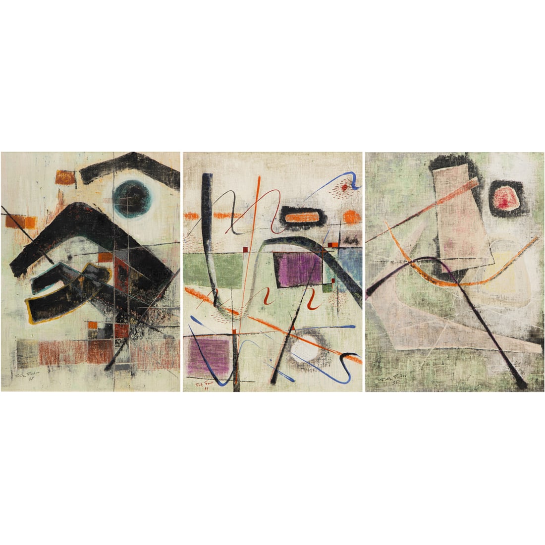 Paintings, Fritz Faiss: (lot of 3) Fritz Faiss (American/German, 1905-1981), "Variation I," Untitled, and Untitled, 1955, encaustics on canvas, each signed and dated lower left, canvas (for each): 23"h x 17"w, overall (with