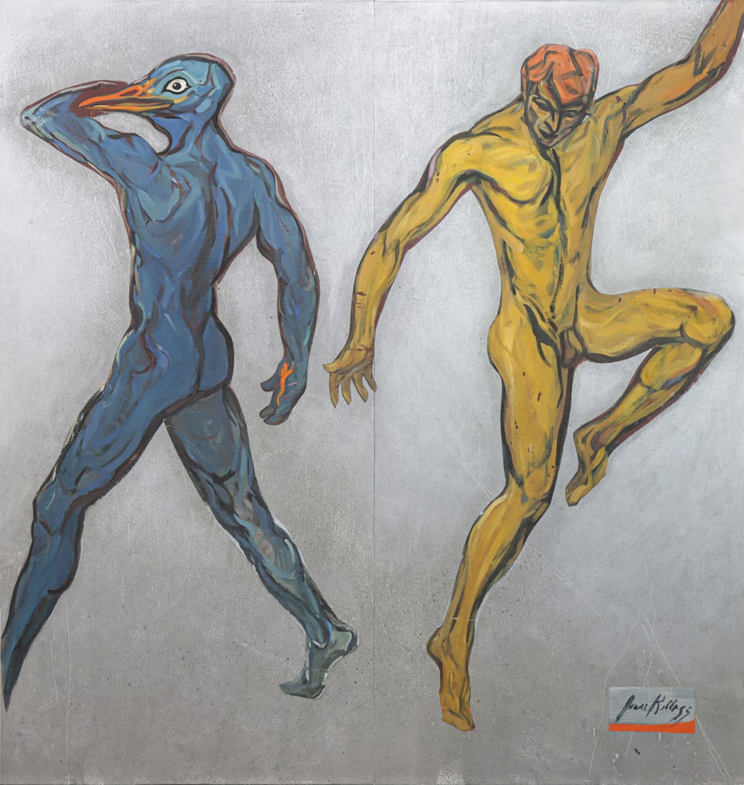 Mixed Media, Jean Kellogg: Jean Kellogg (American, 1910-1995), Planetary Dancers, 1955, mixed media on panel, signed and dated lower right, panel (unframed): 74.5"h x 71.75"w