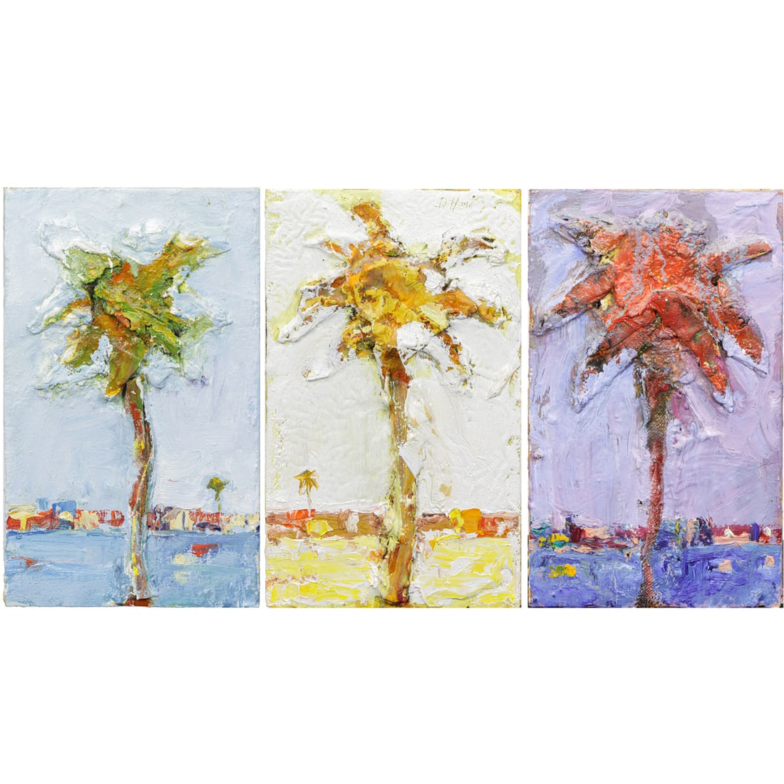 Mixed Media, Dennis Hare: (lot of 3) Dennis Hare (1946-2024), Palm Trees, 2006, each mixed media on board, each signed and dated verso, each board (unframed): 15"h x 9"w