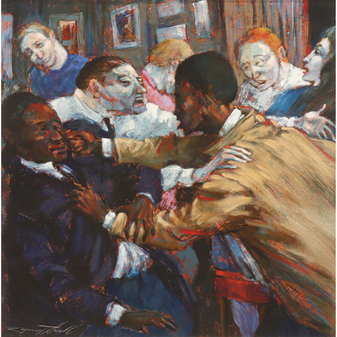 Painting, Raymond Howell: Raymond Howell (American, 1927-2002), Untitled (The Squabble), oil on board, signed lower left, sight: 23"h x 23"w, overall (with frame): 32.5"h x 32"w