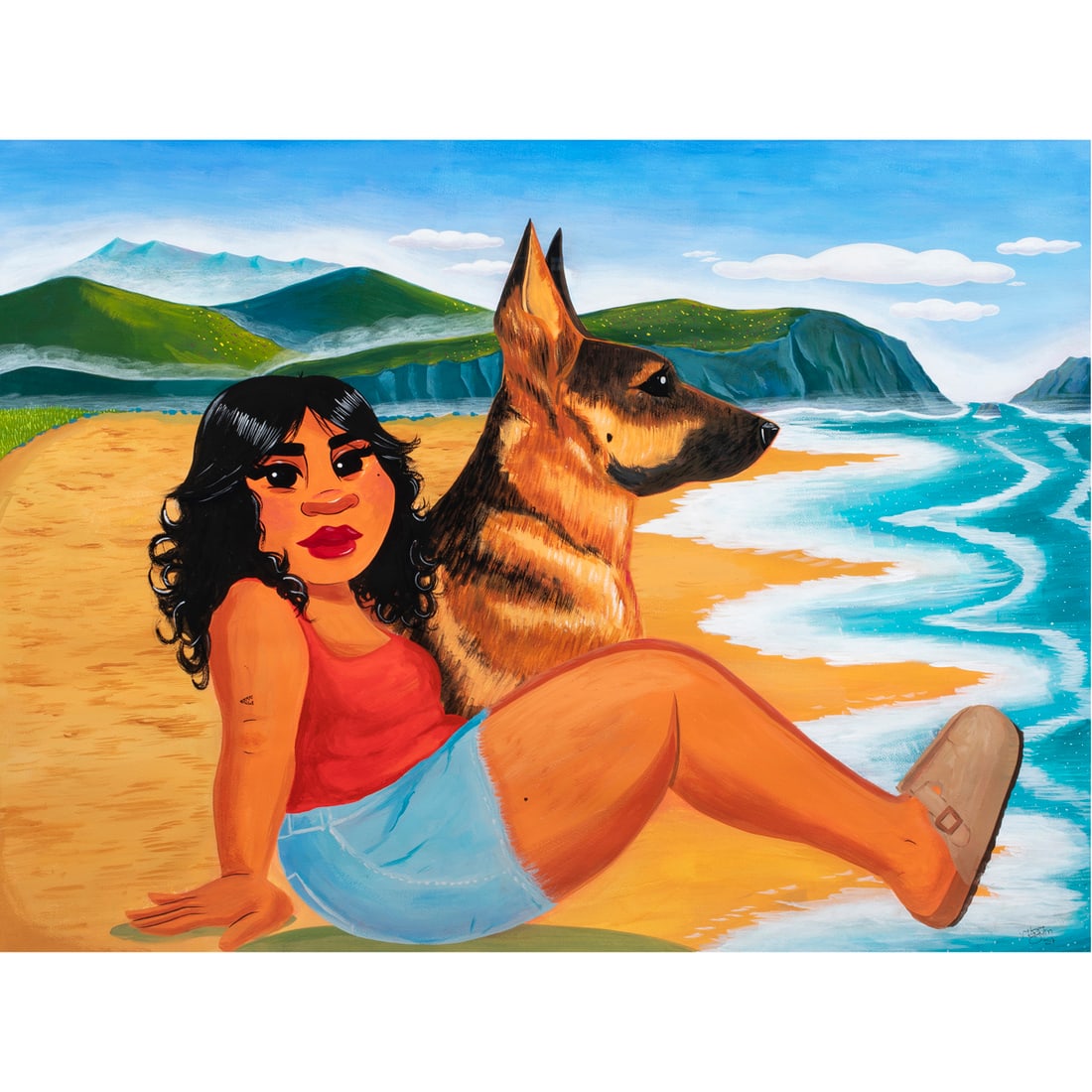 Work on paper, Valeria Olguin: Valeria Olguin (American, b. 1994), "La Misa," 2024, gouache on paper, signed lower right, sight: 30"h x 40"w, overall (with frame): 33.75"h x 43.5"w. Works exhibited and commissioned by SOMArts,