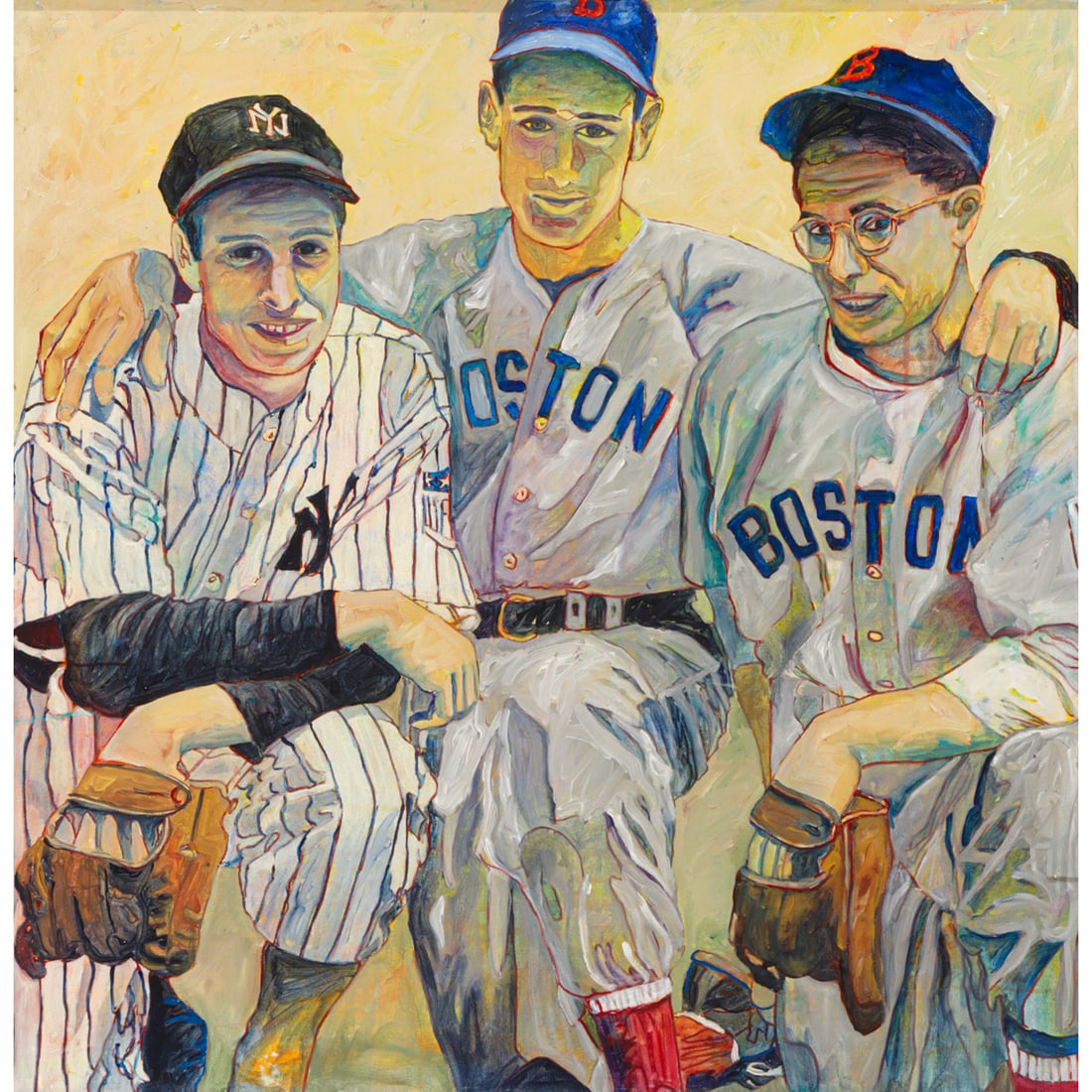 Painting, Toby Tover-Krein: Toby Tover-Krein (American, 20th/21st century), "Joe, Ted and Dom," oil on canvas, signed and titled verso, canvas: 30"h x 30"w, overall (with frame): 31.75"h x 31.75"w