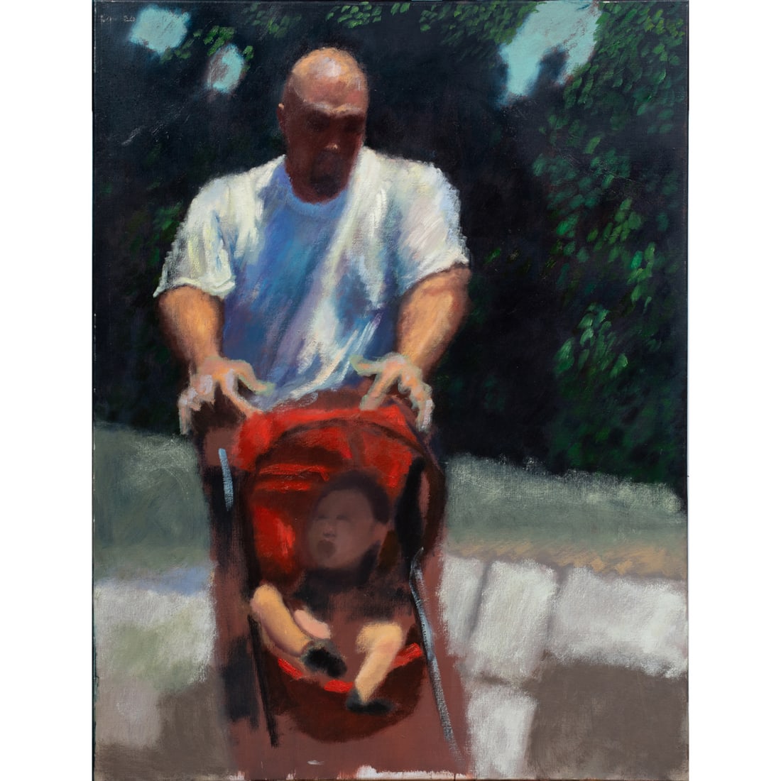 Painting, Duke Collins: Duke Collins (American, 20th/21st century), Father and Infant, oil on canvas, signed verso, canvas (unframed): 48"h x 36"w