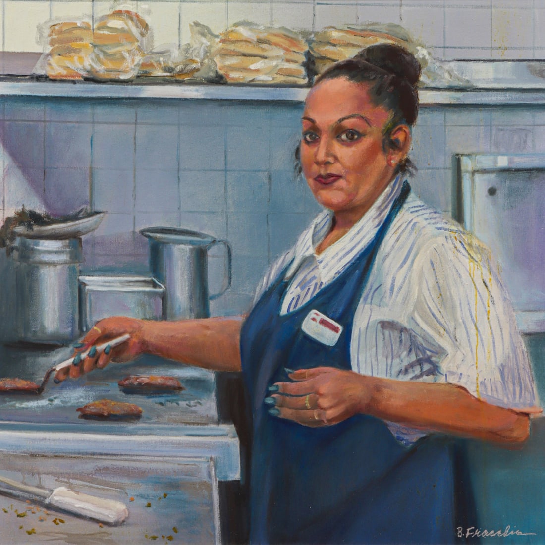 Painting, Barbara Fracchia: Barbara Fracchia (American, 20th/21st century), "How Do You Want Yours?," oil on canvas, signed and titled verso, canvas: 24"h x 24"w, overall (with frame): 29"h x 29"w