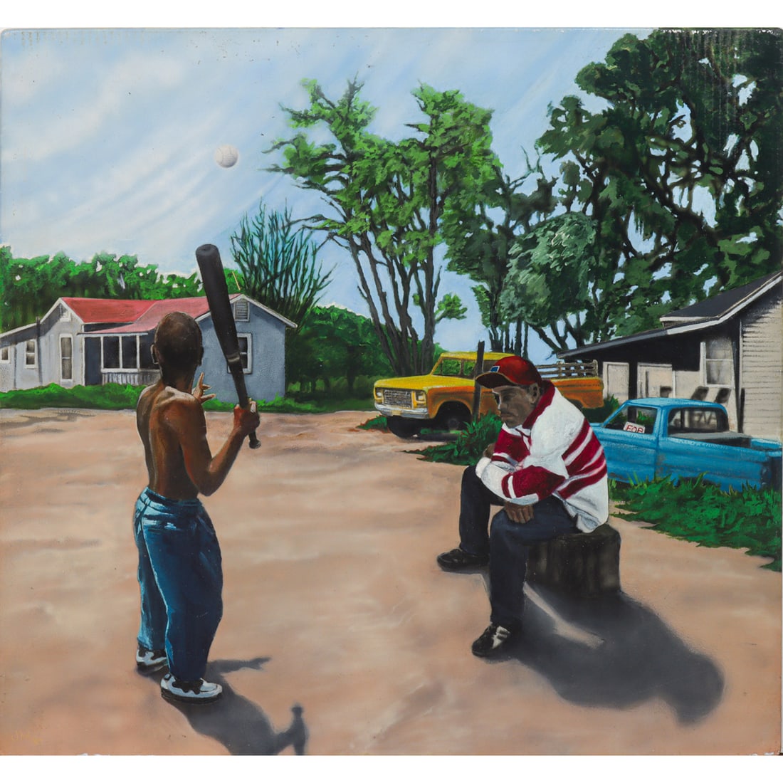 Painting, Jack Massey: Jack Massey (American, 20th/21st century), Untitled (Batting Practice), oil on board, board (unframed): 30"h x 32"w. Note: Jack Massey is a contemporary artist working out of Emeryville, California.