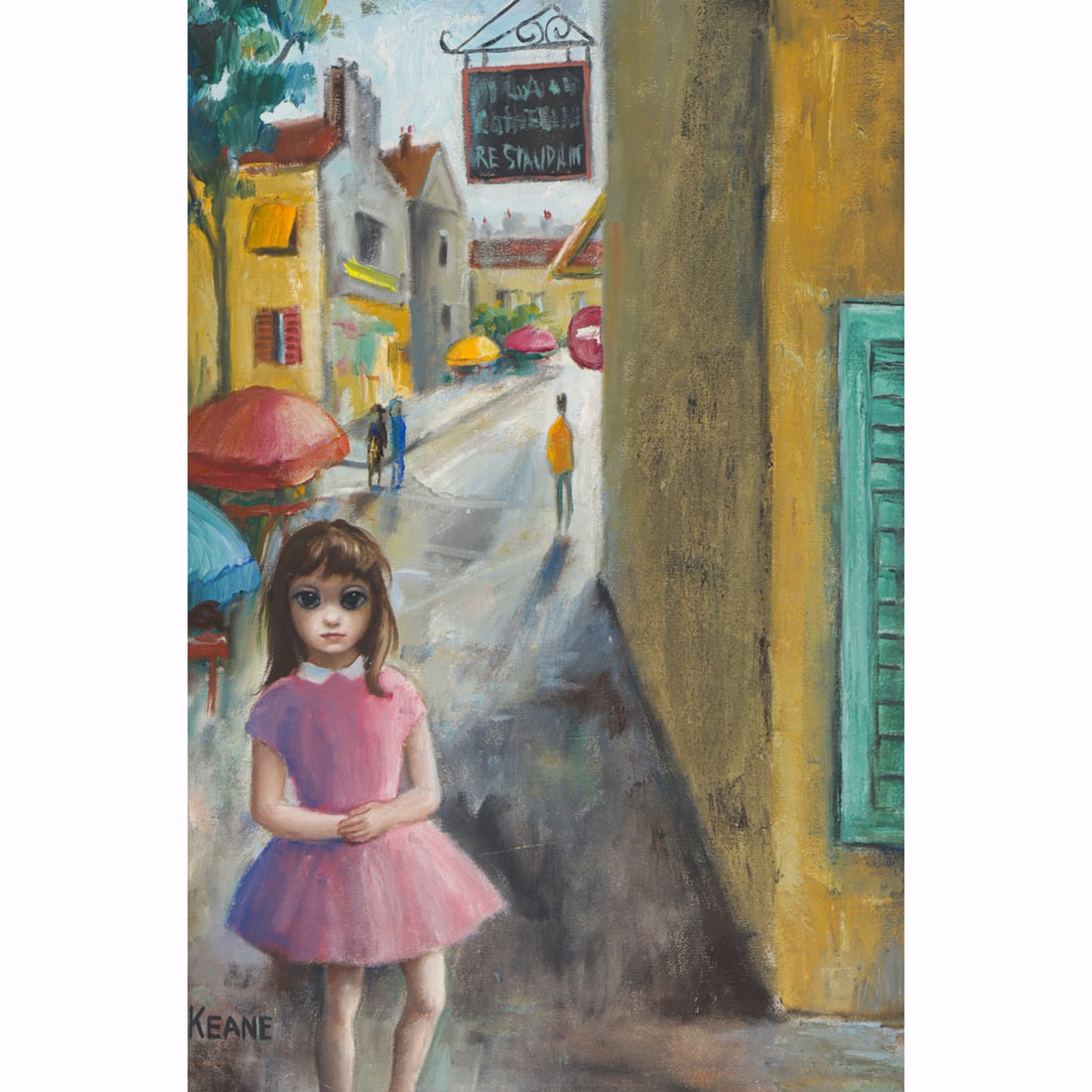 Painting, Margaret Keane: Margaret Keane (American, 1927-2022), Untitled (Street Scene with Girl in Pink Dress), oil on canvas, signed lower left, canvas: 18"h x 12"w, overall (with frame): 22.25"h x 16.25"w