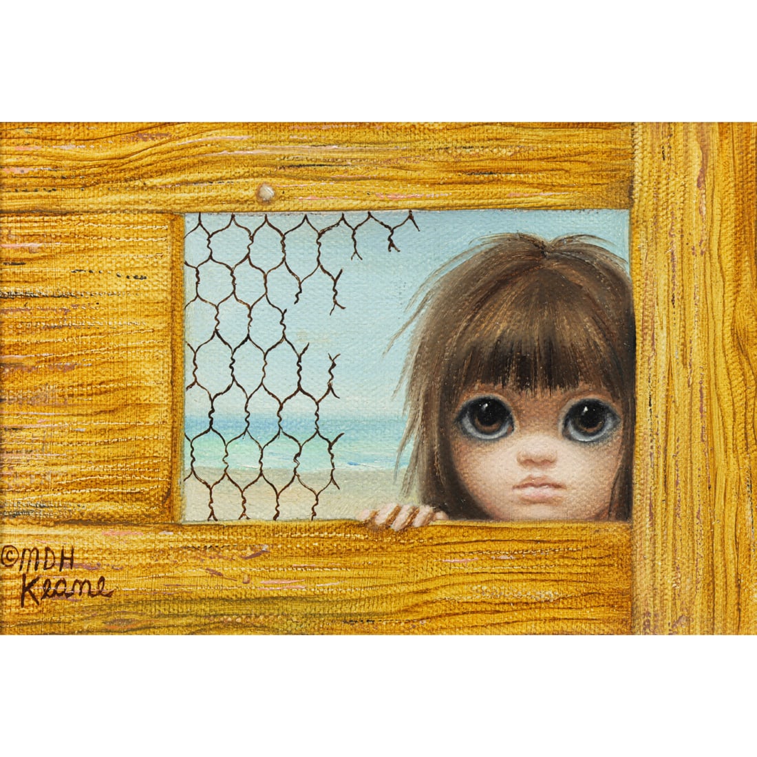 Painting, Margaret Keane: Margaret Keane (American, 1927-2022), "Peeping Tomasina," oil on canvas, signed lower left and signed and titled on the stretcher bar, canvas: 5"h x 7"w, overall (with frame): 9"h x 11"w