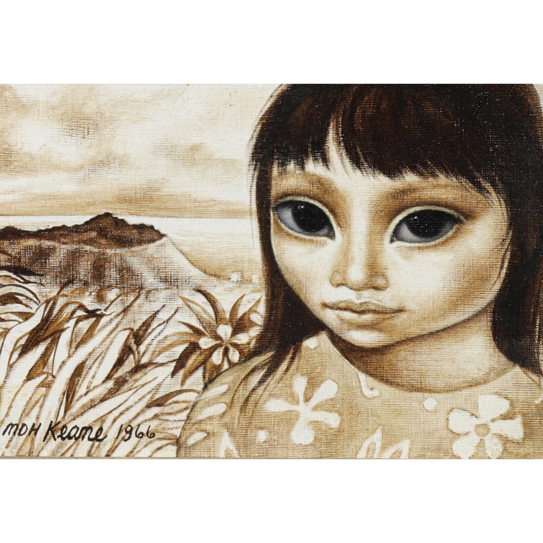 Painting, Margaret Keane: Margaret Keane (American, 1927-2022), Hawaiian Girl, 1966, oil on canvas affixed to board, signed and dated lower left, board: 5.5"h x 7.75"w, overall (with frame): 11.5"h x 13.75"w