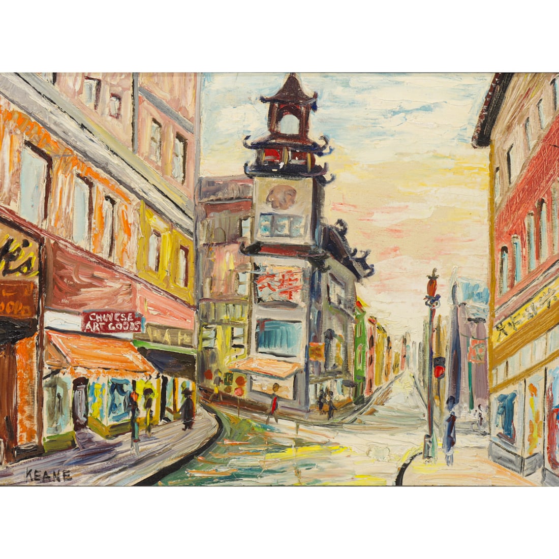 Painting, Margaret Keane: Margaret Keane (American, 1927-2022), View of Chinatown, oil on canvas affixed to board, signed lower left, sight: 17"h x 23"w, overall (with frame): 27.25"h x 33.25"w
