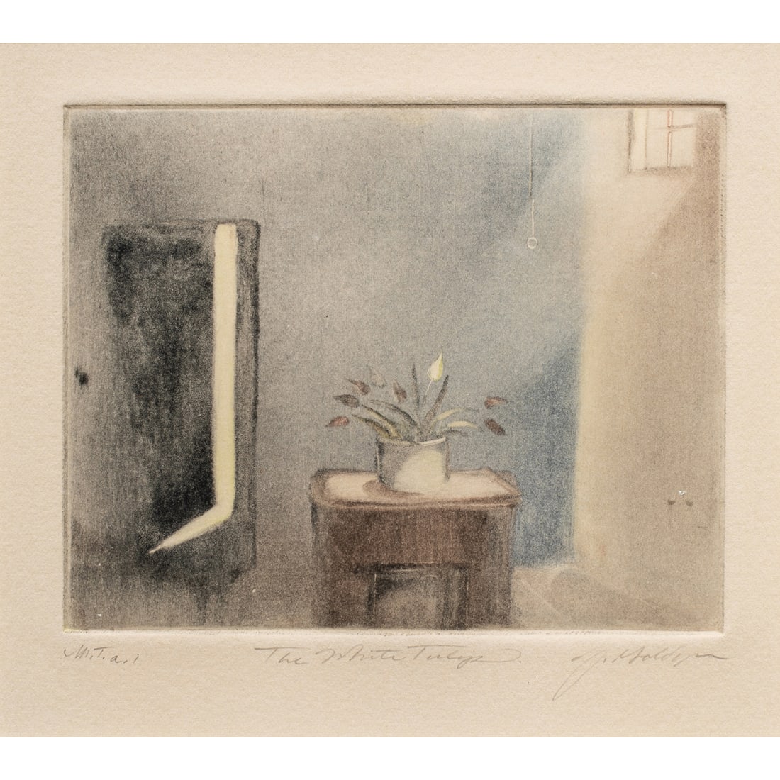 Print, Joseph Goldyne: Joseph Goldyne (American, B. 1942), "The White Tulip," monotype, pencil signed lower right, titled lower center, gallery labels (James Corcoran Gallery, LA, CA, John Berggruen Gallery, SF, CA)