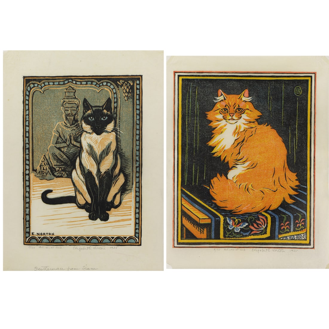 Prints, Elizabeth Norton: (lot of 2) Elizabeth Norton (American, 1887-1985), "Gentleman from Siam" and Untitled, 1935, woodcut prints, each pencil signed and dated lower right, one titled lower center, edition 1/100 and 8/75,