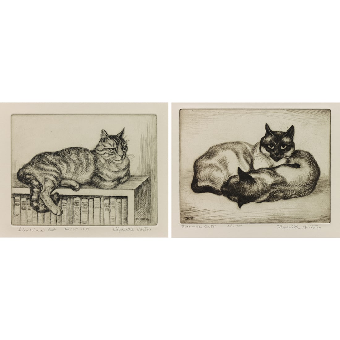Prints, Elizabeth Norton: (lot of 2) Elizabeth Norton (American, 1887-1985), "Librarian's Cat" and "Siamese Cats," circa 1939, etchings, each pencil signed, each titled lower left, each edition of 35, image (for each): 6"h x