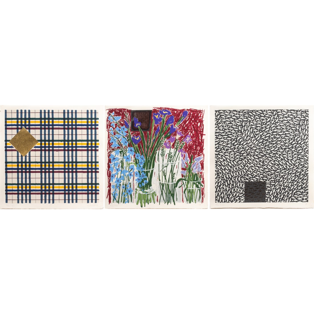 Prints, Jennifer Bartlett: (lot of 3) Jennifer Bartlett (American, 1941-2022), Horman-Ji Series, A-C, triptych silkscreen, pencil signed lower right (C) and initialed lower right (A and B), edition 38/90, sheet (for each):