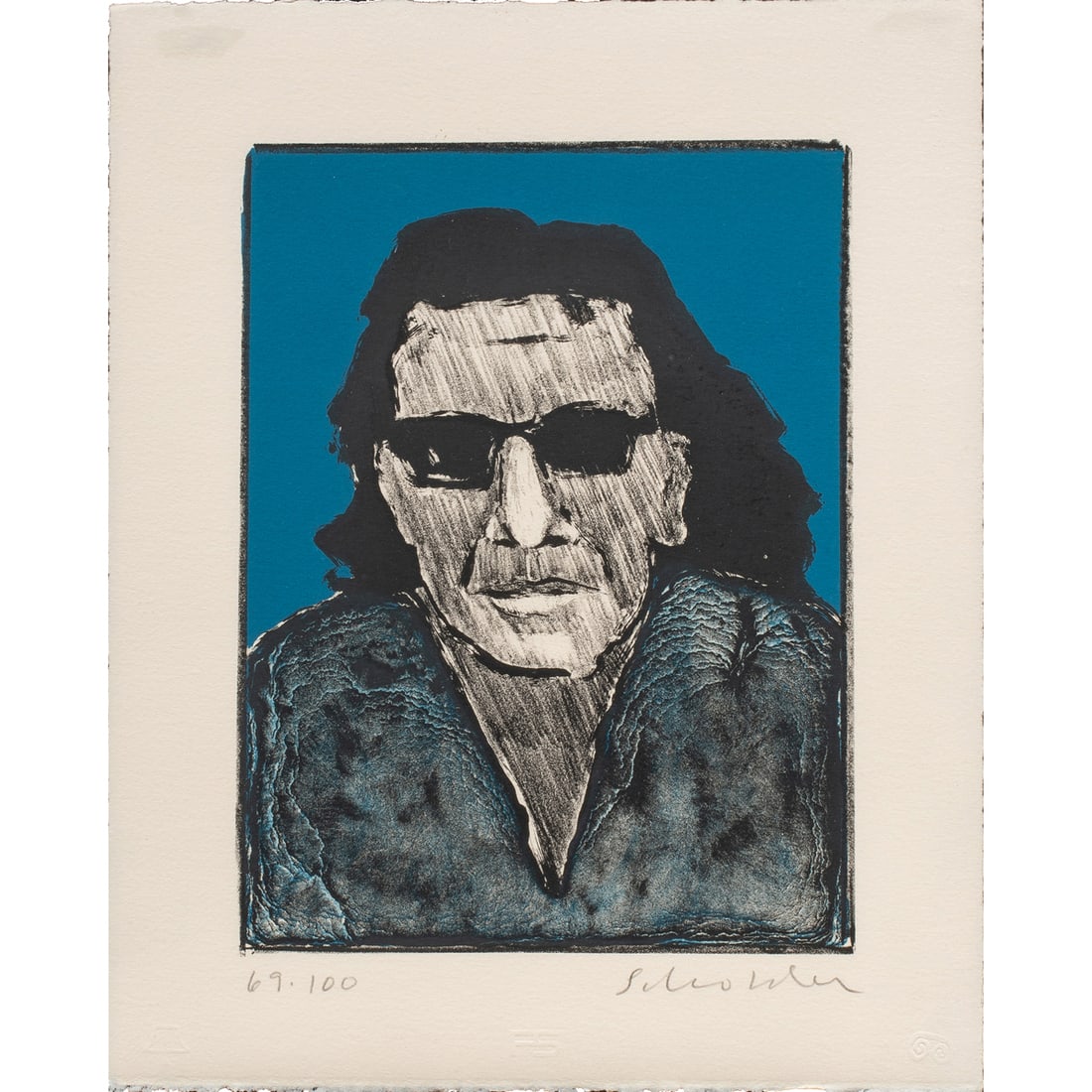 Print and Book, Fritz Scholder: (lot of 2) Fritz Scholder (American, 1937-2005), "Self-Portrait with Dark Glasses" and "Lithographs" Book, 1972, lithograph and book, lithograph pencil signed lower right, each edition 69/100, sheet