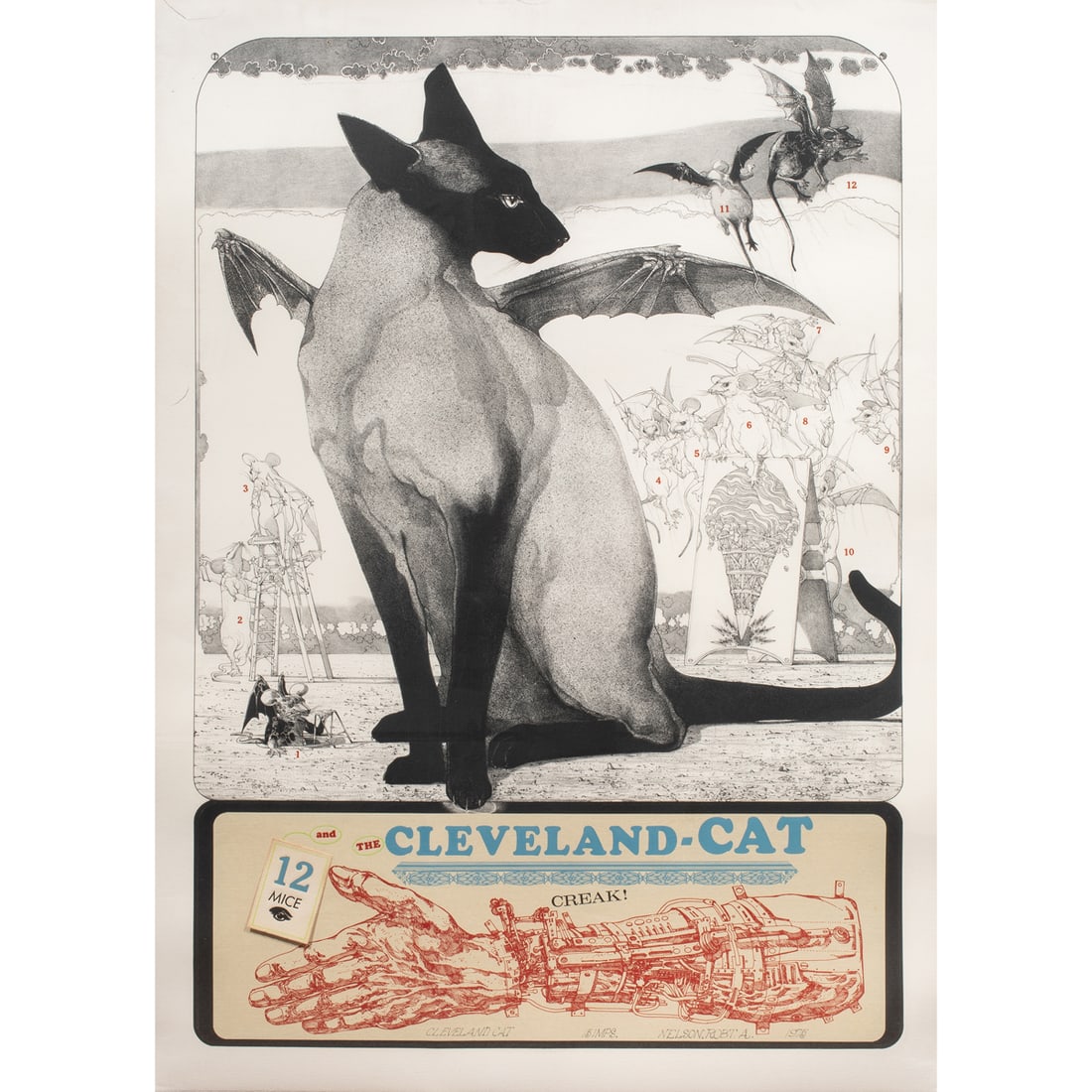 Work on paper and Print, Robert A. Nelson: (lot of 5) Robert A. Nelson (American, 1925-2021), "12 Mice and the Cleveland Cat," pencil sketch, lithographic poster, signed exhibition poster, handwritten and typed notes and documents, and signed