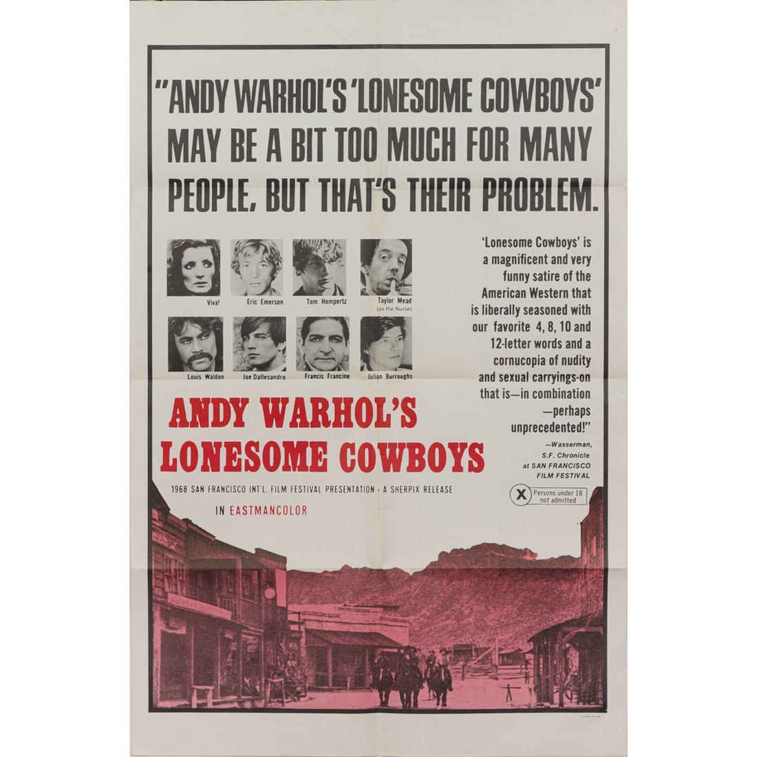 Poster, Andy Warhol: Andy Warhol (American, 1928-1987), "Lonesome Cowboys" Movie Poster, 1968, poster print, sheet (unframed): 40.5"h x 26.75"w