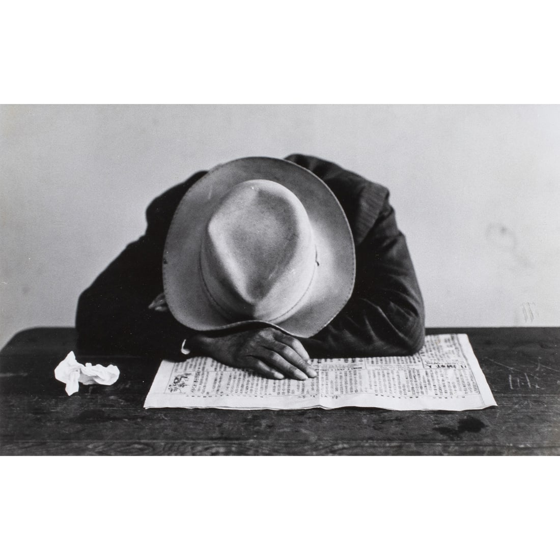 Photograph, Ralph Gibson: Ralph Gibson (American, b. 1939), Man with Head Down, silver gelatin print, sight: 8"h x 12.5"w, overall (with frame): 17"h x 21"w