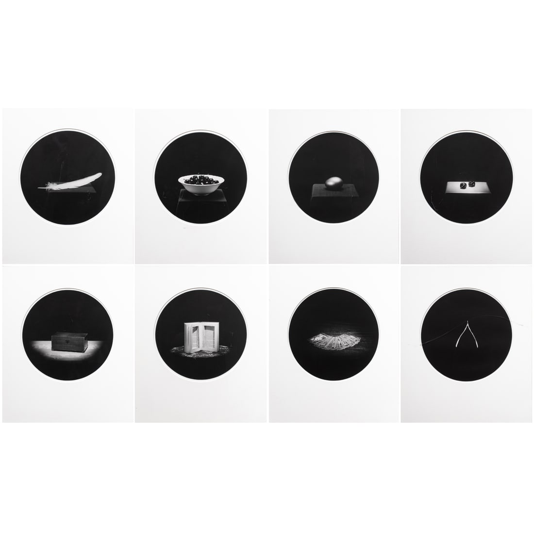 Photographs, John Priola: (Lot of 8) John Priola (American, b. 1960), Various Still Lifes, gelatin silver prints, each titled on labels verso, each sight: 11.75" (diameter), each overall (with frame): 21.5"h x 18.5"w