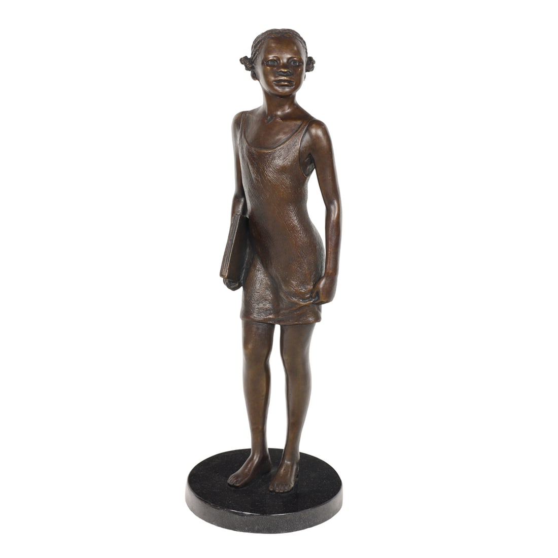Sculpture, Myra Weisgold: Myra Weisgold (American, 20th/21st century), Young Girl with Book, 2000, bronze sculpture on base, signed and dated on left foot, overall (including base): 18.75"h x 6.5"w x 6.5"d