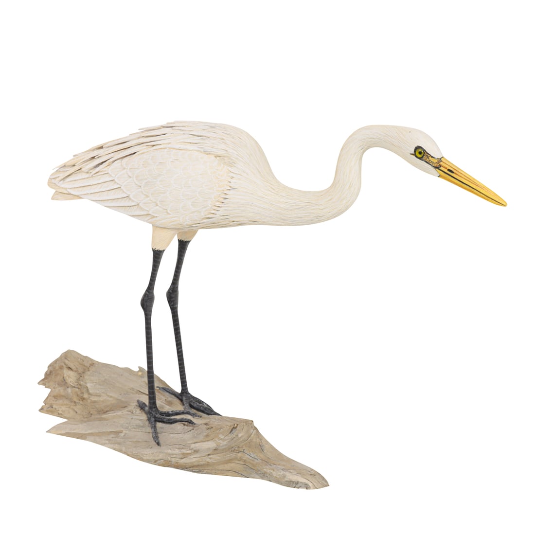 Sculpture, Tad Beach: Tad Beach (American, 1956-2015), "Great Egret," 2010, carved and painted wood with glass detail, signed, titled and dated beneath, overall: 6.75"h x 11"w x 2"d