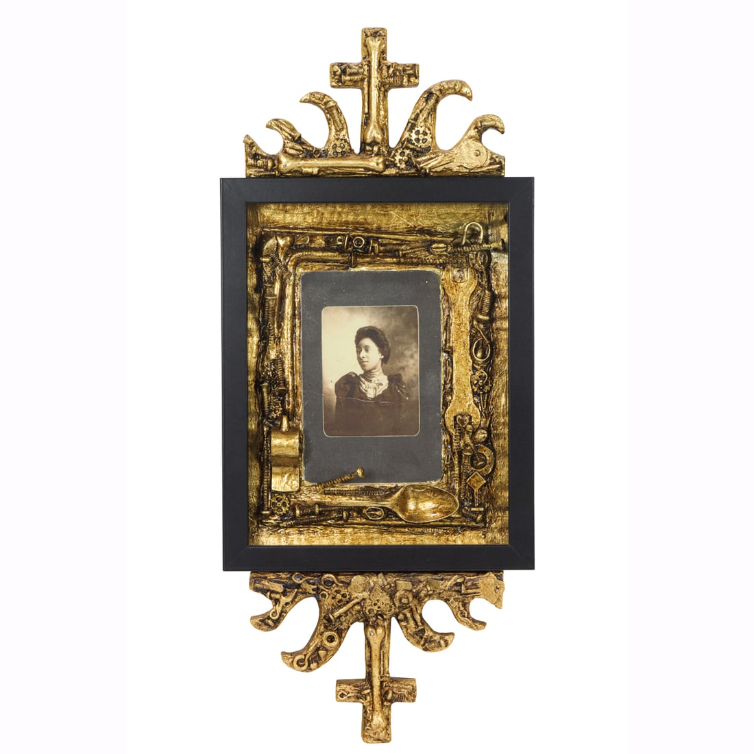 Sculpture, William Rhodes: William Rhodes (American, b. 1966), Portrait of a Woman, found objects, gold leaf and photograph, overall (with frame): 22"h x 9.5"w x 2"d