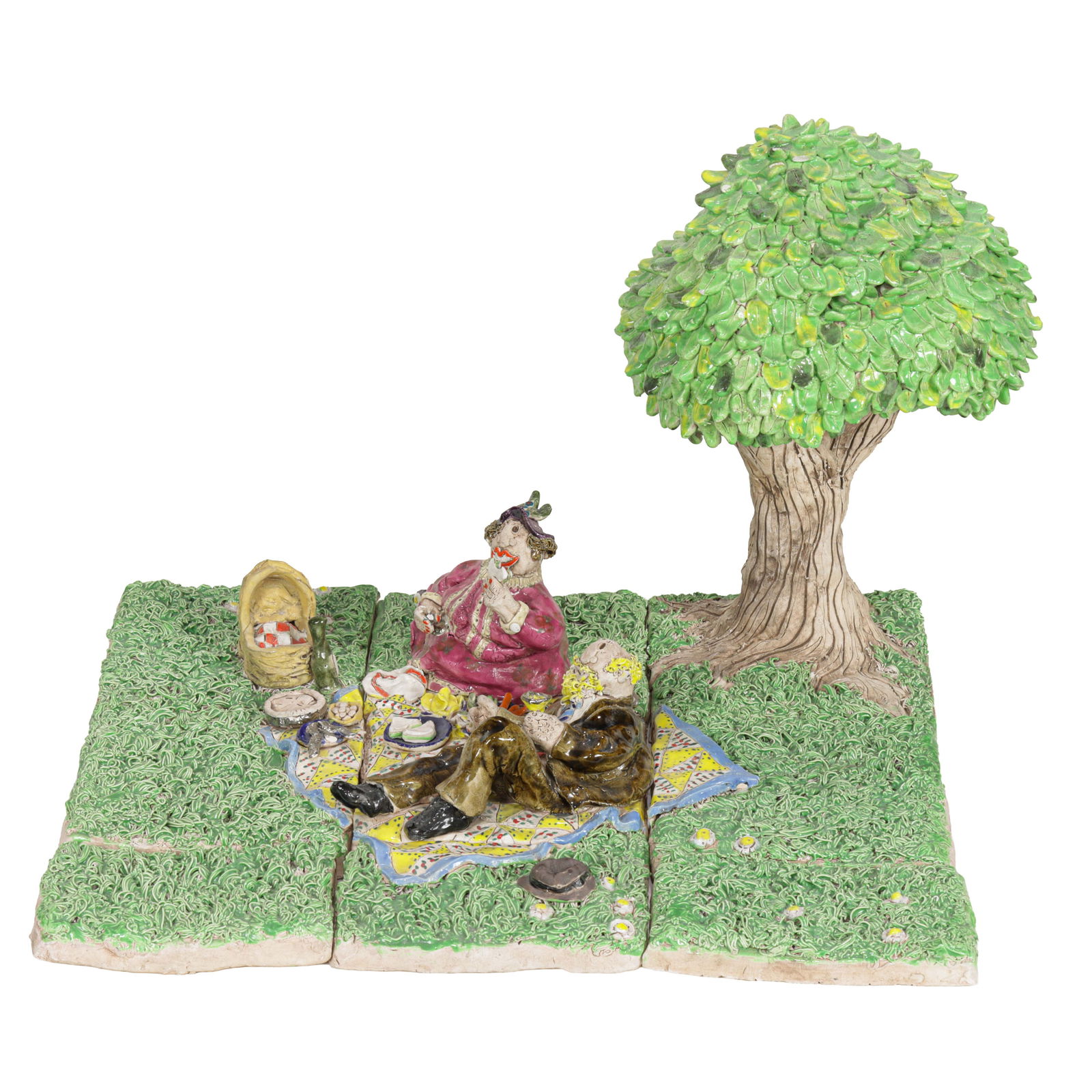 Sculpture, Cynthia Hipkiss: Cynthia Hipkiss (American, 20th/21st century), Picnic, polychrome ceramic sculpture in nine pieces, overall: 12"h x 16"w x 14"d