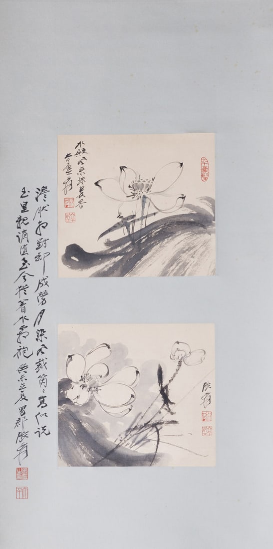 Attributed to Zhang Daqian (Chinese, 1899-1983), set of two ink paintings depicting Lotus: Attributed to Zhang Daqian (1899-1983) - Lotus. Hanging scroll, ink on paper, inscribed, signed, and with total five seals, accompanied with a colophon on the left margin by the artist dated and