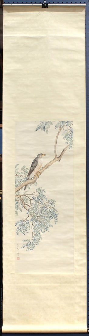 In the style of Ma Quan, Hawk, hanging scroll: In the Style of Ma Quan (1669-1722) - Hawk. Hanging scroll, ink and color on silk, inscribed, signed and with one seal, image: 33"h x 12.75"w. Provenance: Property from the estate of Frank Caulfield