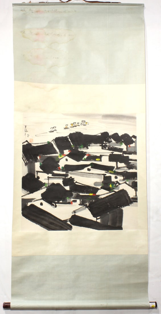 In the style of Wu Guanzhong (1919-2010), Landscape, hanging scroll: In the style of Wu Guanzhong (1919-2010) - Landscape. Hanging scroll, ink and color on paper, dated, signed and with one seal, 37"h x 26.5"w.