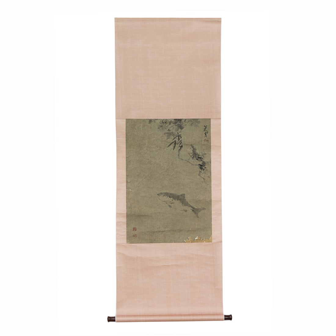 Style of Bada Shanren - Fish: Style of Bada Shanren - Fish. Hanging scroll, ink and color on paper, signed, bearing three seals, 26.75"h x 18.375"w.