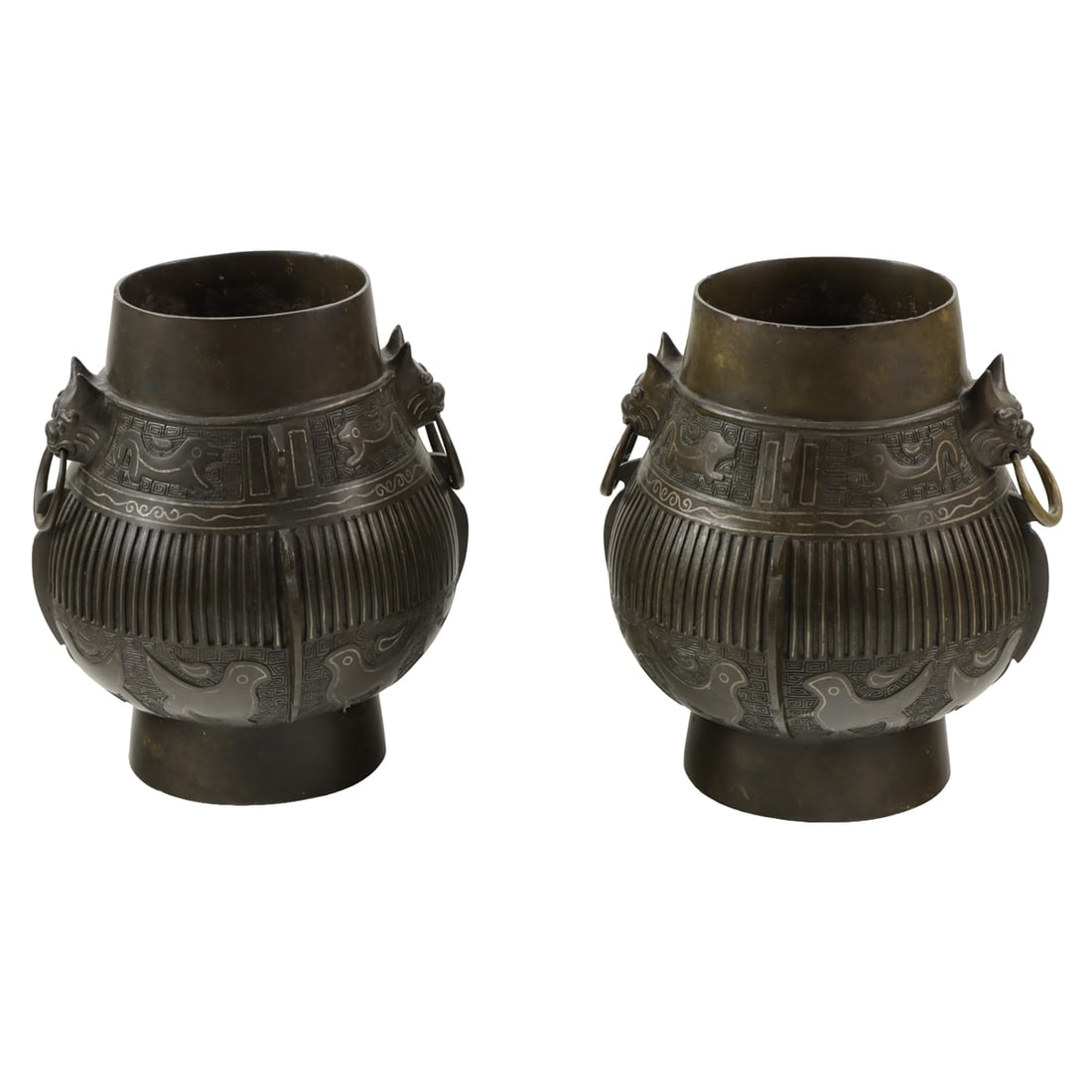 (lot of 2) Chinese bronze hu-form vases with silver wire inlay: (lot of 2) Chinese bronze hu-form vases with silver wire inlay. Featuring mythical beast motif, 7.5" high.