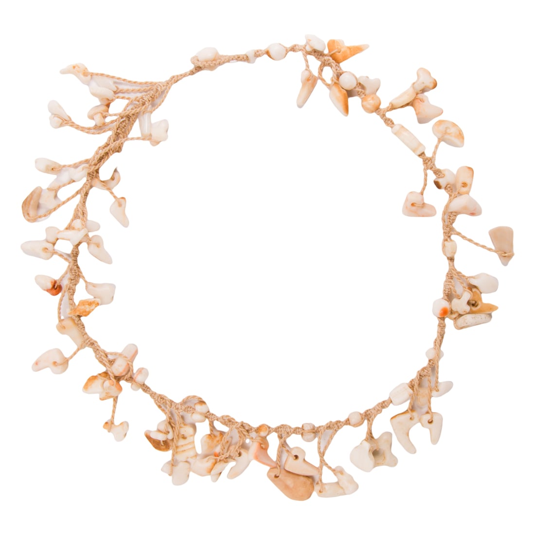 A strand of ancient Afghan shell beads as necklace: A strand of ancient Afghan shell beads as necklace. 16" across.