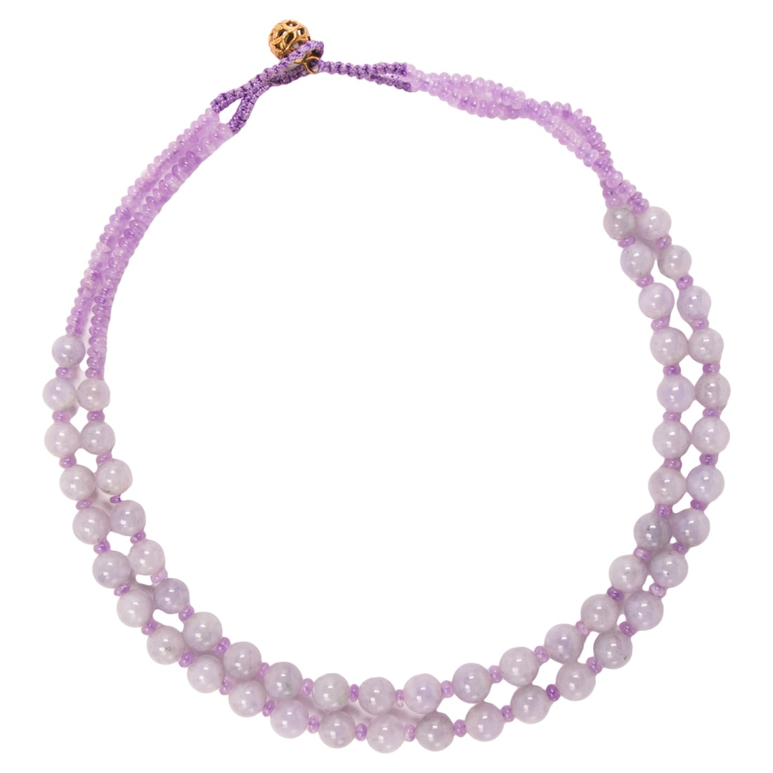 A Chinese lavender jadeite necklace: A Chinese lavender jadeite necklace. With amethyst roundels, 16" long.