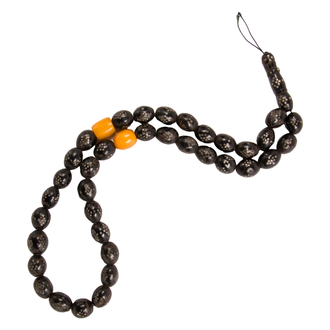 A strand of black coral prayer beads: A strand of black coral prayer beads. Each bead around 0.625" across.