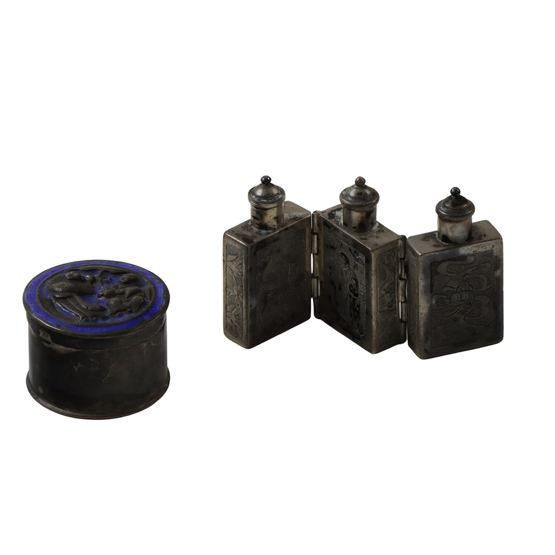 (lot of 2) Chinese silver miniature containers: (lot of 2) Chinese silver miniature containers. Comprising a conjoined medicine bottle with 'fu lu shou' motif, and a snuff box with figural motif, late 19th to early 20th century period, from 0.875"